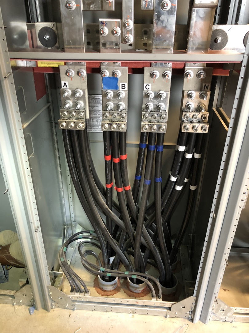 Three-phase service entrance with bus bar terminations installed by Burlingame Brothers Electric