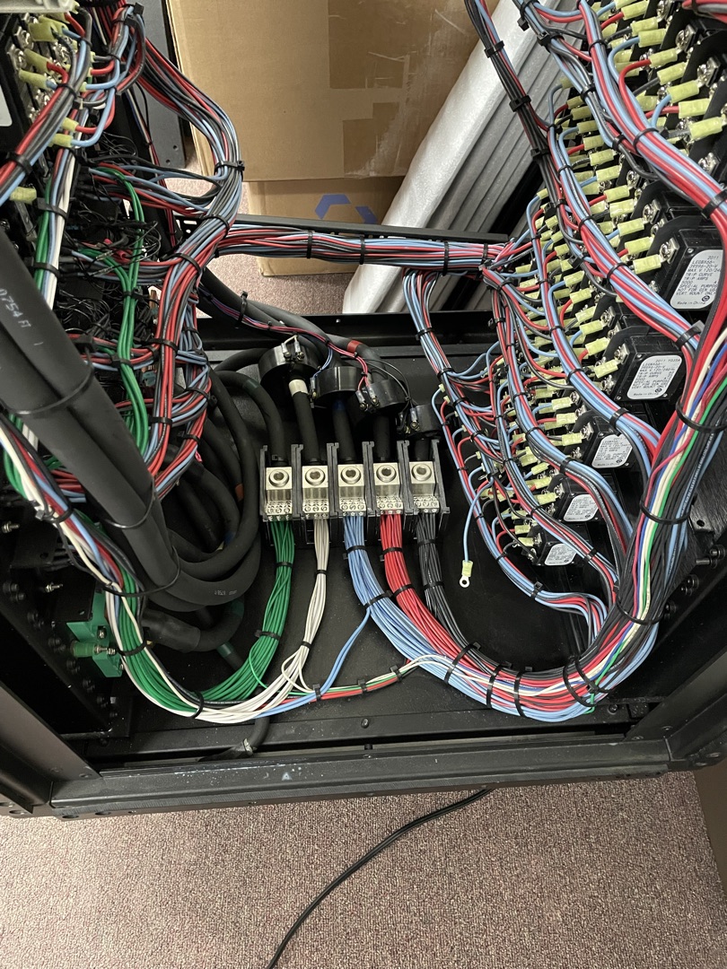 Entertainment venue power distribution panel with organized multi-conductor wiring, terminal blocks, and relay controls installed by Burlingame Brothers Electric